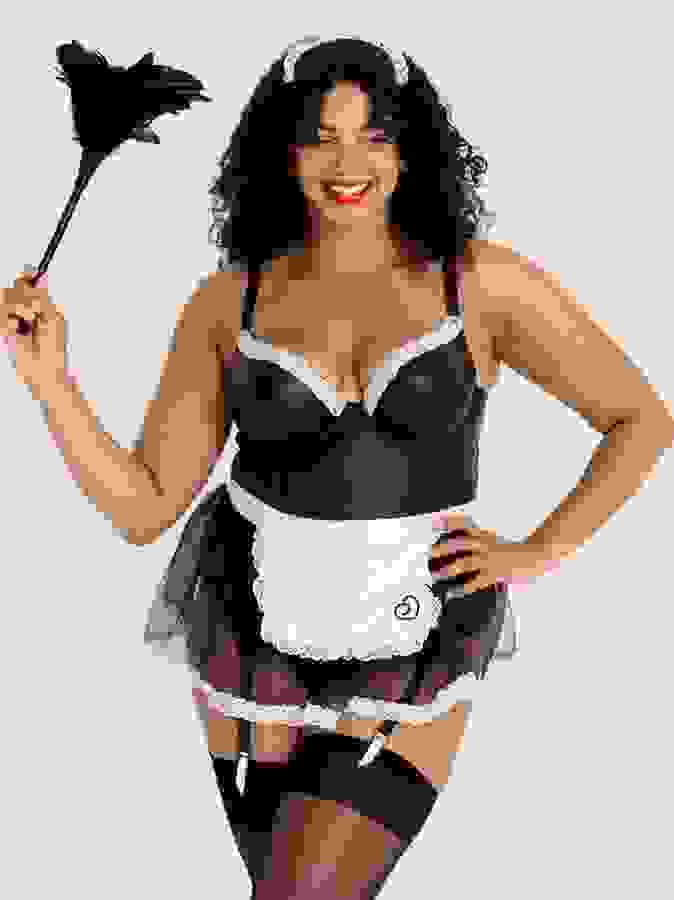 Lovehoney Fantasy Plus Size Deluxe Wet Look French Maid Costume, Black, hi-res